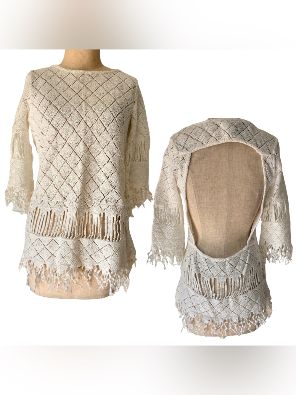 VTG Y2K Nightcap White Open-Back Fringe Diamond-Knit Scoop Sweater Boho Festival